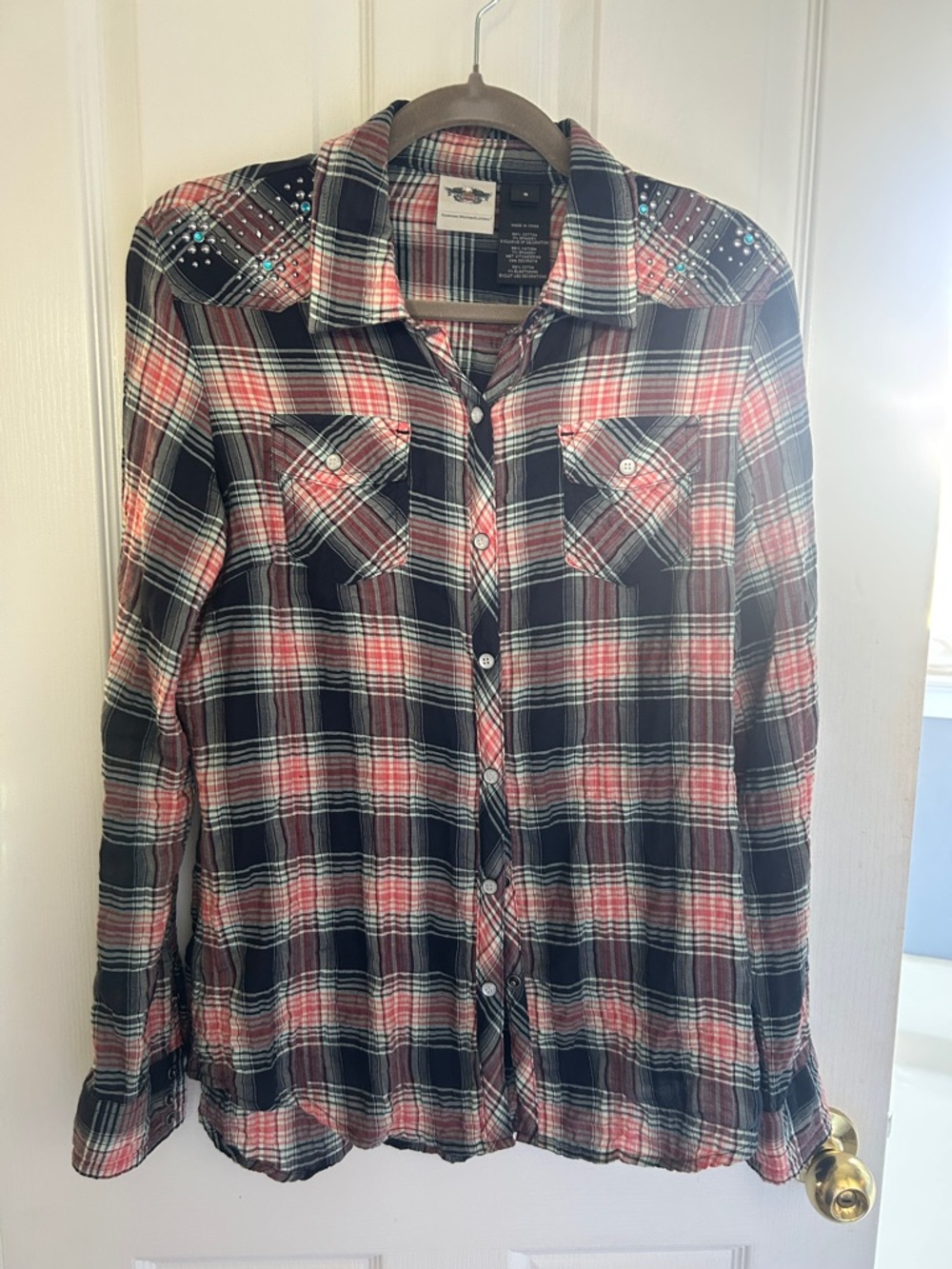 Harley Davidson  Black and Red Plaid Button-Up Shirt with Stud Accents